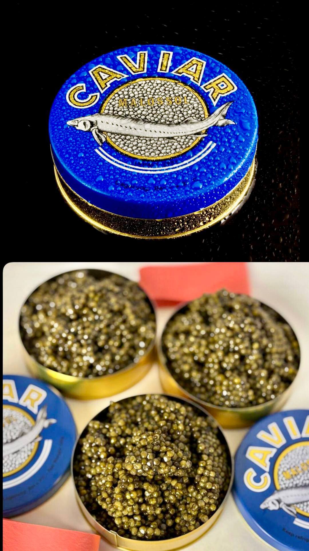 Чорна осетрова ікра 100 г у синій жерстяній банці Caviar Malossol